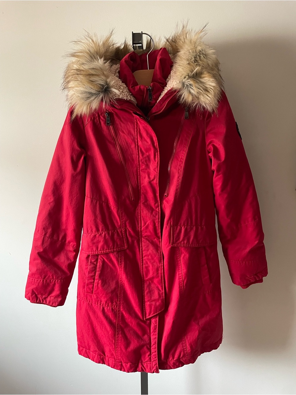 1 Madison Expedition Calgary Series Red Down Fill Parka Coat Faux Fur Hood XS